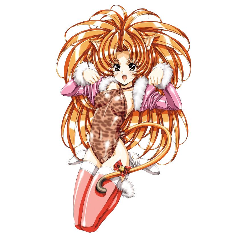 1girl, absurdres, animal_ears, animal_print, bell, bow, brown_eyes, cat_ears, cat_tail, collarbone, detached_sleeves, fangs, fur_trim, growlanser, growlanser_iv, highres, jingle_bell, leona_(growlanser), leotard, long_hair, official_art, open_mouth, orange_hair, pink_legwear, solo, tail, thigh-highs, transparent_background, urushihara_satoshi