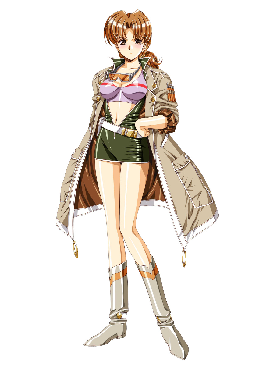 1girl, absurdres, belt, bikini_top, boots, breasts, brown_eyes, brown_hair, cleavage, coat, collarbone, goggles, goggles_around_neck, growlanser, growlanser_iv, hand_on_hip, highres, long_hair, long_legs, maggy_(growlanser), medium_breasts, official_art, short_hair, solo, transparent_background, urushihara_satoshi