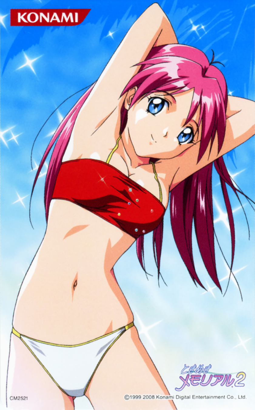 1999, 1girl, 2008, arms_behind_head, blue_eyes, breasts, cleavage, dated