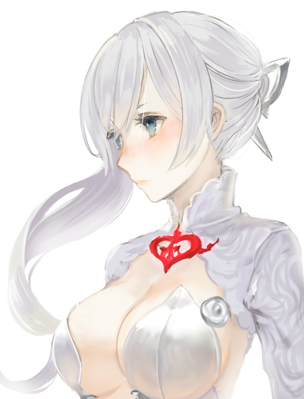 1girl, asymmetrical_hair, backlighting, bangs, blue_eyes, blush, breasts, cleavage