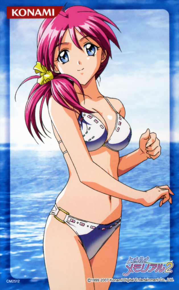 1999, 1girl, 90s, bikini, blue_eyes, breasts, cowboy_shot, dated, kokura_masashi, konami, logo, long_hair, looking_at_viewer, medium_breasts, navel, ocean, official_art, outdoors, pink_hair, shirayuki_maho, smile, solo, swimsuit, tokimeki_memorial, tokimeki_memorial_2, water, white_bikini