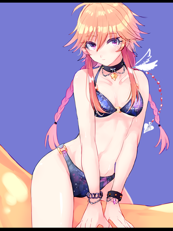 1girl, bare_shoulders, bikini, bracelet, braid, choker, feathers, idolmaster