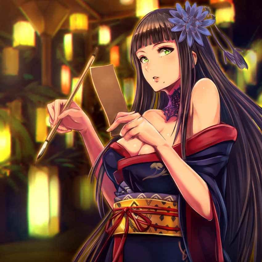 1girl, black_hair, blush, breasts, cleavage, final_fantasy, final_fantasy_xiv, flower