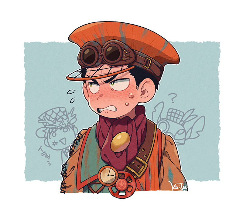 1boy, anger_vein, belt, black_hair, blue_background, blush, bright_pupils, clenched_teeth, clock, coat, disney, fashionable_easter, flying_sweatdrops, green_eyes, hat, hugo_verjules, kiri_futoshi, male_focus, p.a._ocean_seamarine, scarf, short_hair, signature, simple_background, stitch_(lilo_&amp;_stitch), sweat, teeth, upper_body