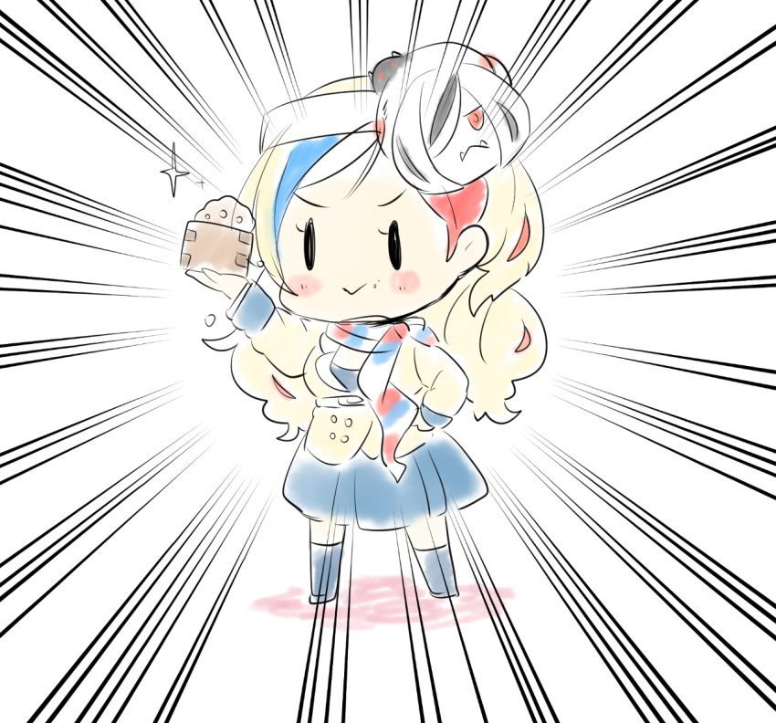 10s, 1girl, beans, beret, black_legwear, blonde_hair, blue_eyes, blue_hair, blue_skirt, box, chibi, commandant_teste_(kantai_collection), double-breasted, emphasis_lines, full_body, hat, jacket, kantai_collection, long_hair, mamemaki, mask, masu, minoco_(sana_moko), multicolored, multicolored_clothes, multicolored_hair, multicolored_scarf, pleated_skirt, pom_pom_(clothes), redhead, scarf, seaplane_tender_water_hime, setsubun, skirt, solo, streaked_hair, white_hair