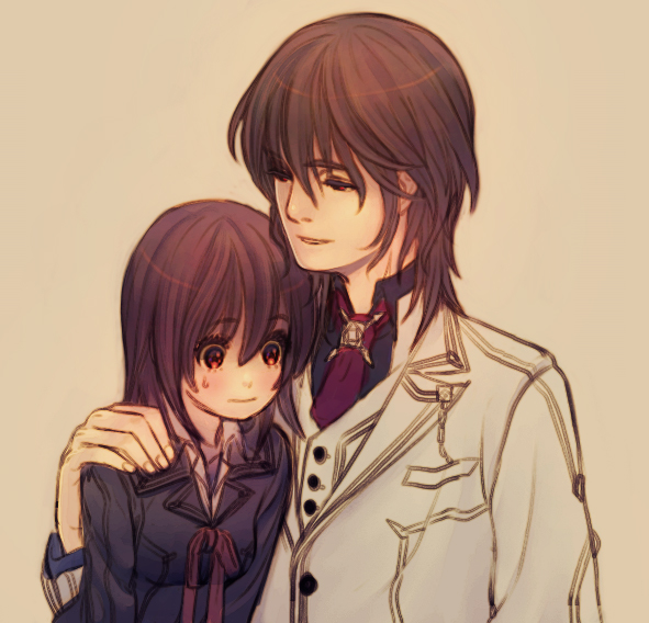 1girl, blazer, brown_hair, couple, cross_yuki, formal, hug, kuran_kaname