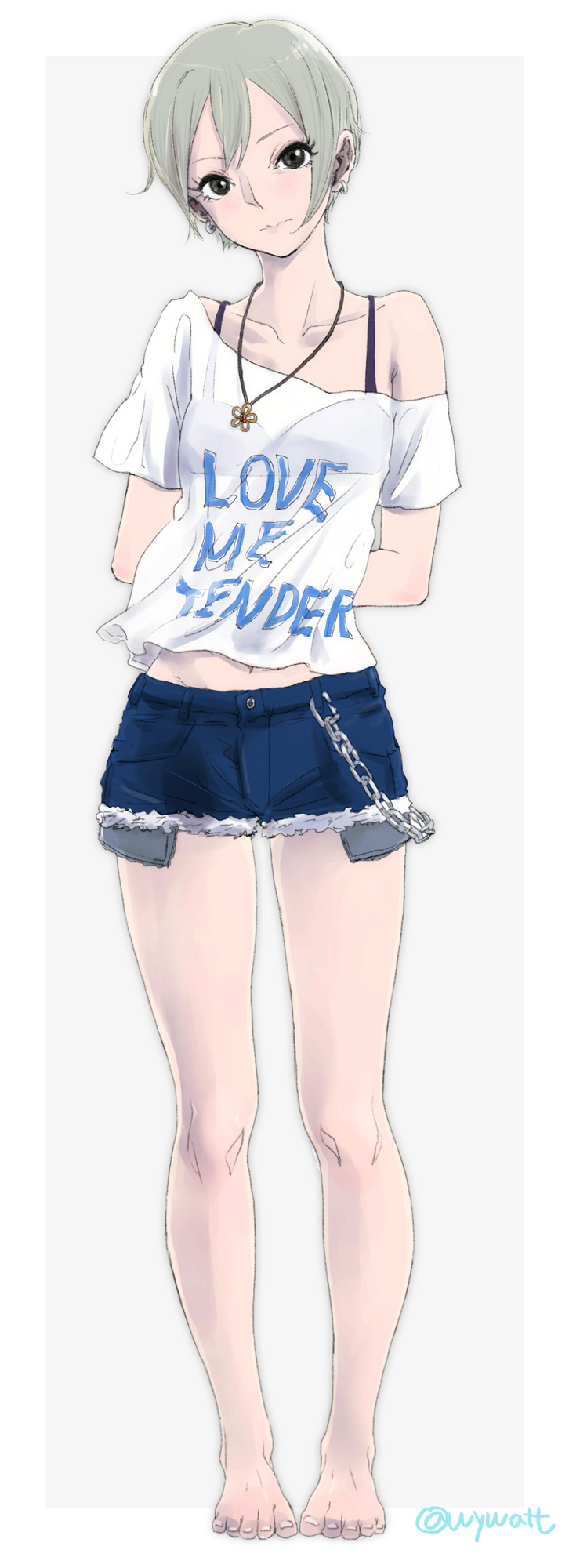 1girl, arms_behind_back, barefoot, belt_chain, black_eyes, chains, clothes_writing, cutoffs