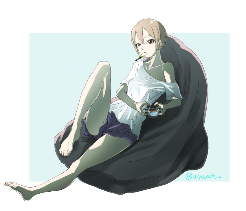1girl, aqua_background, bean_bag_chair, brown_eyes, casual, controller, cyan_background, earrings