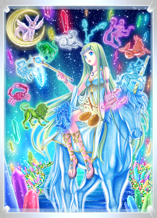 1girl, ash_(bgash0207), blue_eyes, blush, bracelet, crescent_moon, green_hair, holding