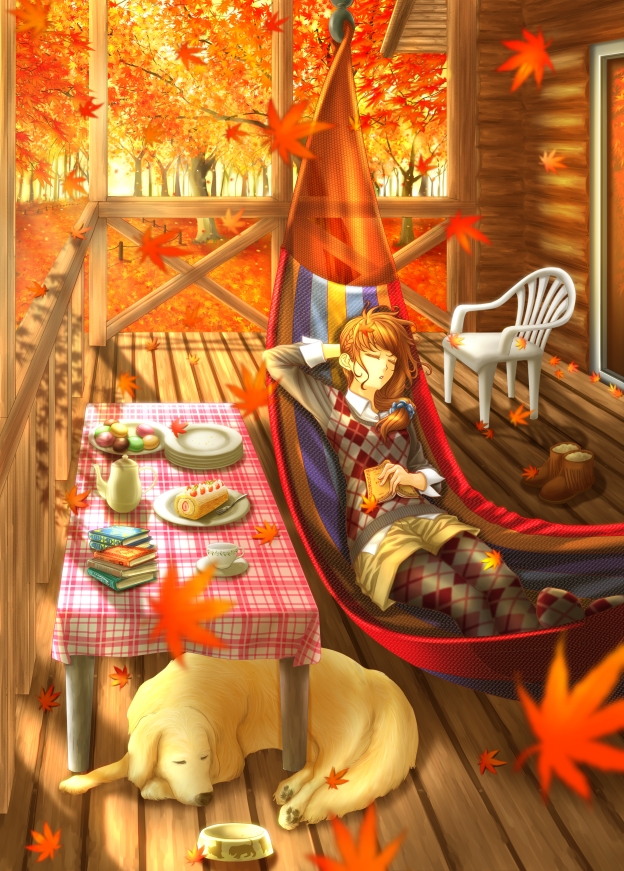 1girl, animal, ash_(bgash0207), book, book_stack, bowl, brown_hair, chair