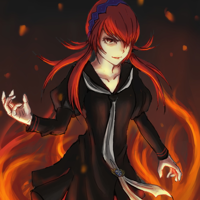 1girl, banryuu_reoko, black_serafuku, bubuki_buranki, fire, hairband, juliet_sleeves, long_sleeves