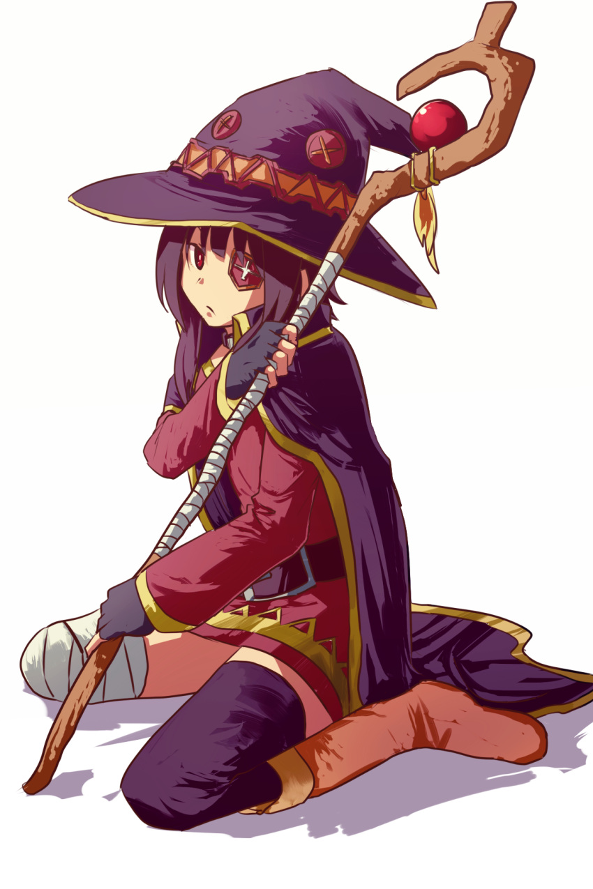 1girl, bandage, bandaged_leg, belt, black_hair, boots, button_eyes, cape, eyepatch, fingerless_gloves, gloves, hat, highres, holding, holding_staff, kono_subarashii_sekai_ni_shukufuku_wo!, megumin, mismatched_legwear, red_eyes, single_thighhigh, sitting, solo, staff, tennensui, thigh-highs, wariza, white_background, witch_hat