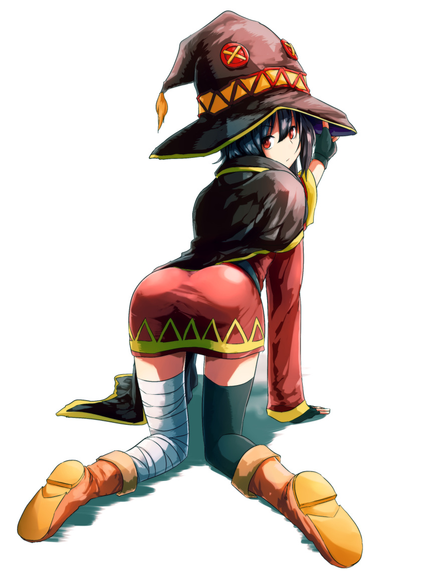 1girl, absurdres, ass, bandage, bandaged_leg, black_hair, boots, button_eyes, cape, crawling, fingerless_gloves, gloves, hat, highres, kono_subarashii_sekai_ni_shukufuku_wo!, looking_back, megumin, mismatched_legwear, red_eyes, single_thighhigh, solo, tennensui, thigh-highs, white_background, witch_hat