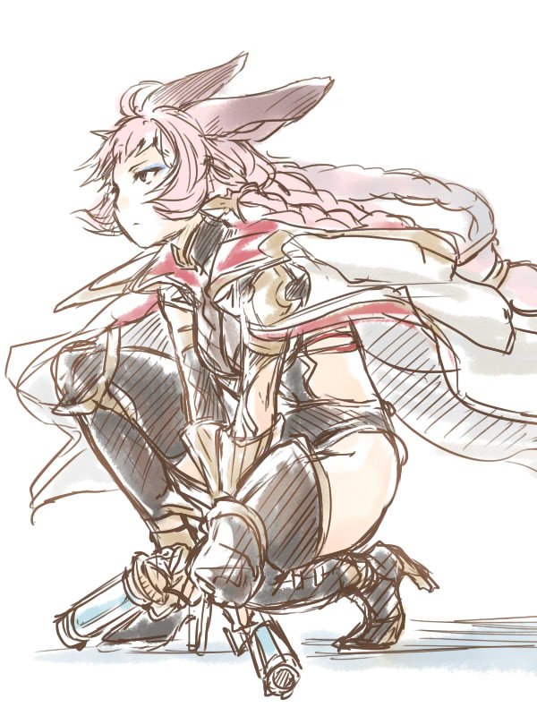 1girl, animal_ears, braid, cape, colored, erun_(granblue_fantasy), esser, granblue_fantasy, gun, high_heels, hood, hoshikuzushi, long_hair, pink_hair, solo, thigh-highs, weapon, white_background