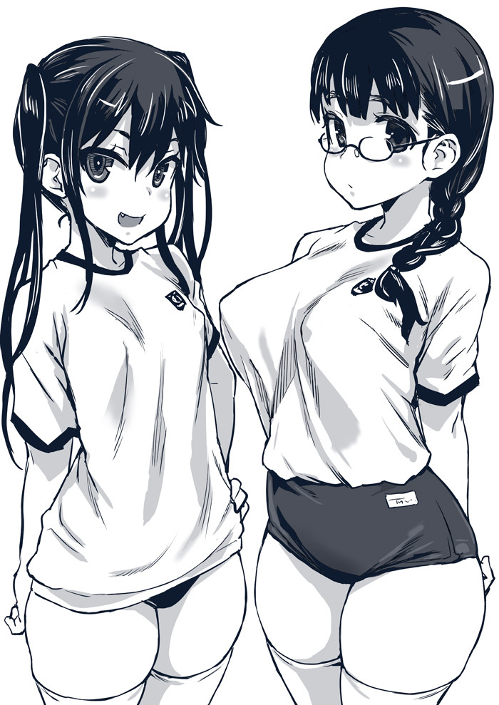 2girls, :d, arms_behind_back, asanagi, braid, breasts, buruma, cowboy_shot