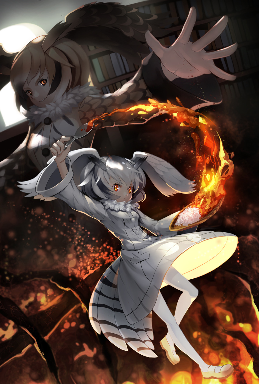 2girls, black_hair, book, bookshelf, brown_eyes, brown_hair, ccd, eurasian_eagle_owl_(kemono_friends)