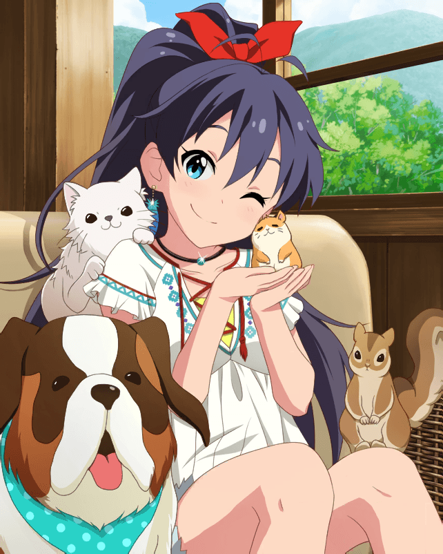 1girl, animal, antenna_hair, artist_request, bangs, black_hair, blue_eyes, cat