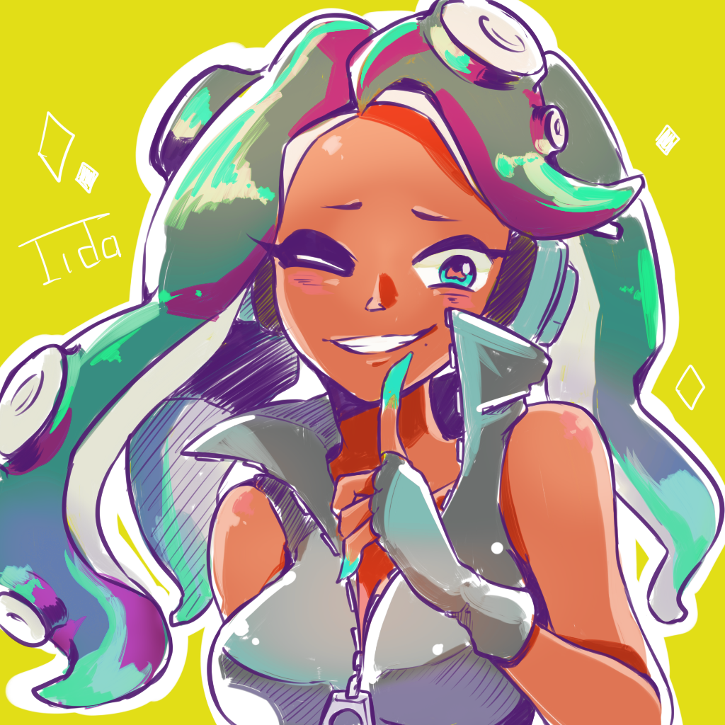 1girl, ;), aqua_eyes, aqua_hair, aqua_skin, asymmetrical_hair, bare_arms, bare_shoulders