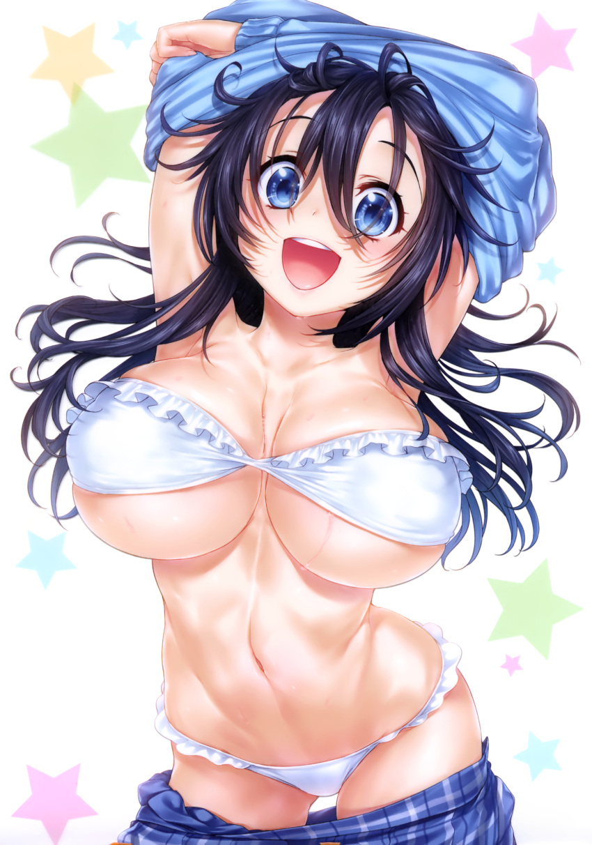 1girl, black_hair, blue_eyes, bra, breasts, cleavage, gluteal_fold, highres