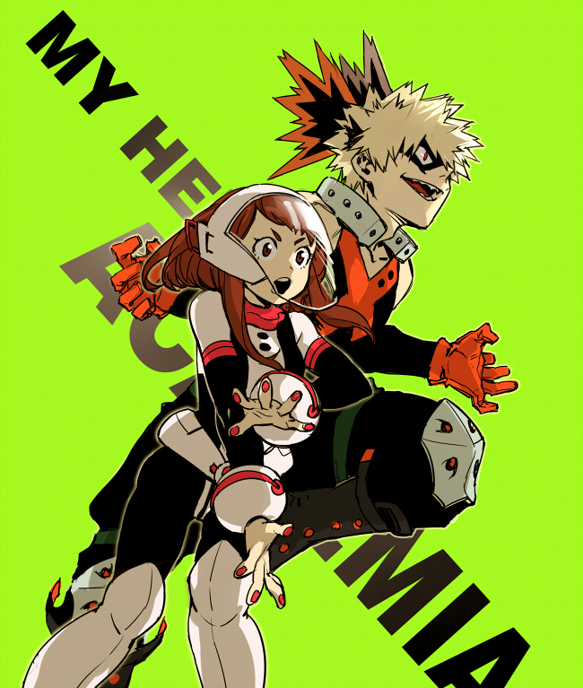 1boy, 1girl, bakugou_katsuki, bangs, blonde_hair, bodysuit, boku_no_hero_academia, boots, brown_eyes, brown_hair, chiyo_(qiandai), domino_mask, gloves, green_background, helmet, knee_boots, mask, open_mouth, red_eyes, sharp_teeth, simple_background, spiky_hair, teeth, text, uraraka_ochako