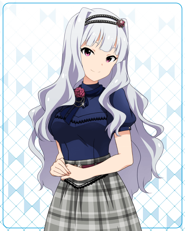 1girl, artist_request, bangs, belt, breasts, checkered, checkered_skirt, grey_skirt