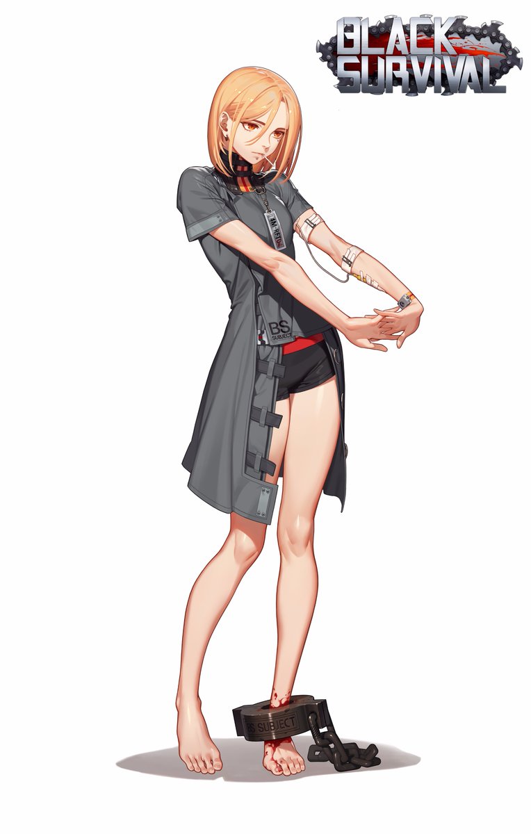 1girl, barefoot, black_survival, blood, chained, chains, ear_piercing, feet