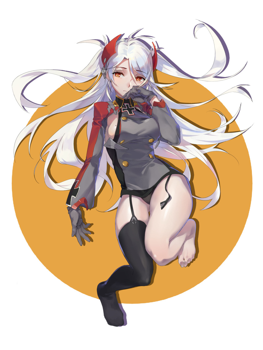 1girl, absurdres, bangs, barefoot, bilan_hangxian, black_gloves, black_legwear, black_panties, breasts, buttons, closed_mouth, eyebrows_visible_through_hair, eyelashes, garter_straps, gloves, gluteal_fold, hair_between_eyes, hair_ornament, hand_to_own_mouth, highres, iron_cross, long_hair, long_sleeves, military, military_uniform, mole, mole_on_breast, orange_eyes, panties, prinz_eugen_(bilan_hangxian), roong, sideboob, single_thighhigh, solo, thigh-highs, thigh_gap, toenails, underwear, uniform, very_long_hair, white_hair