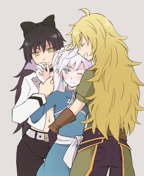 3girls, ahoge, black_hair, blake_belladonna, blonde_hair, blue_eyes, embarrassed, group_hug, hug, multiple_girls, nagasawa_(tthnhk), navel, rwby, smile, weiss_schnee, white_hair, yang_xiao_long, yellow_eyes