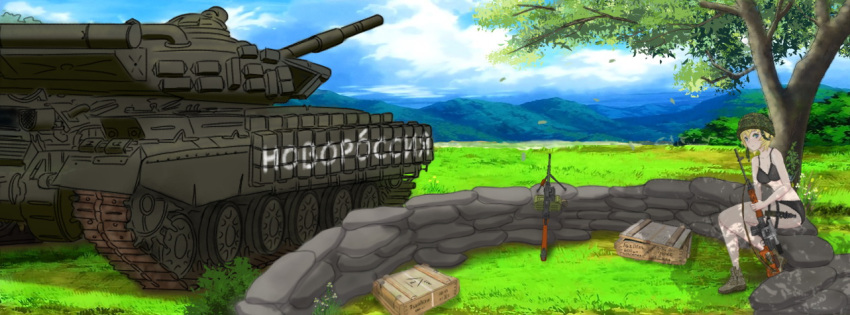 1girl, black_bra, black_panties, blonde_hair, blue_eyes, bra, clouds, grass, ground_vehicle, gun, helmet, instant_noodle, machine_gun, military, military_vehicle, motor_vehicle, mountain, original, panties, rifle, russian, sky, sniper_rifle, t-64, tank, tree, underwear, weapon