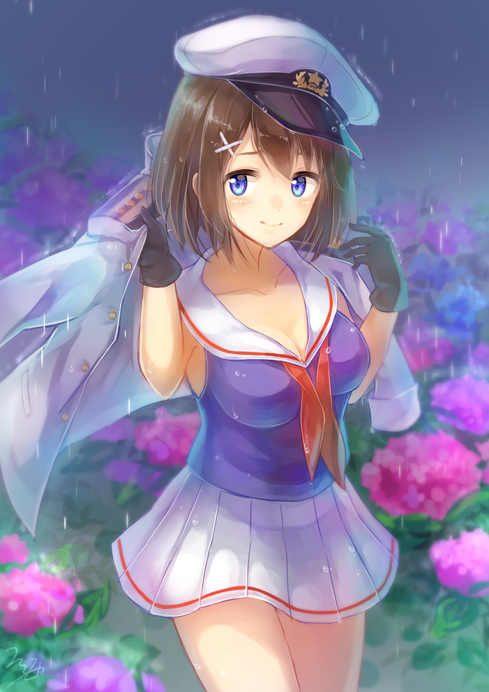 10s, 1girl, black_gloves, blue_eyes, blush, breasts, brown_hair, cleavage