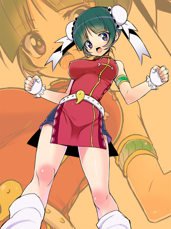 1girl, :d, armlet, bangs, bare_shoulders, belt, belt_buckle, beyblade
