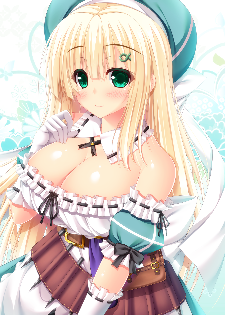 1girl, bare_shoulders, blonde_hair, blush, breasts, cleavage, eyebrows_visible_through_hair, gloves