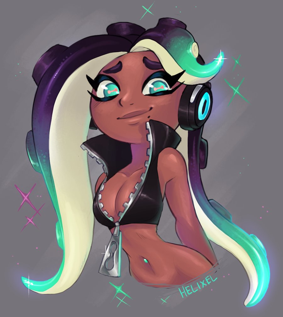 1girl, bare_shoulders, breasts, dark_skin, green_eyes, helixel, iida_(splatoon), midriff