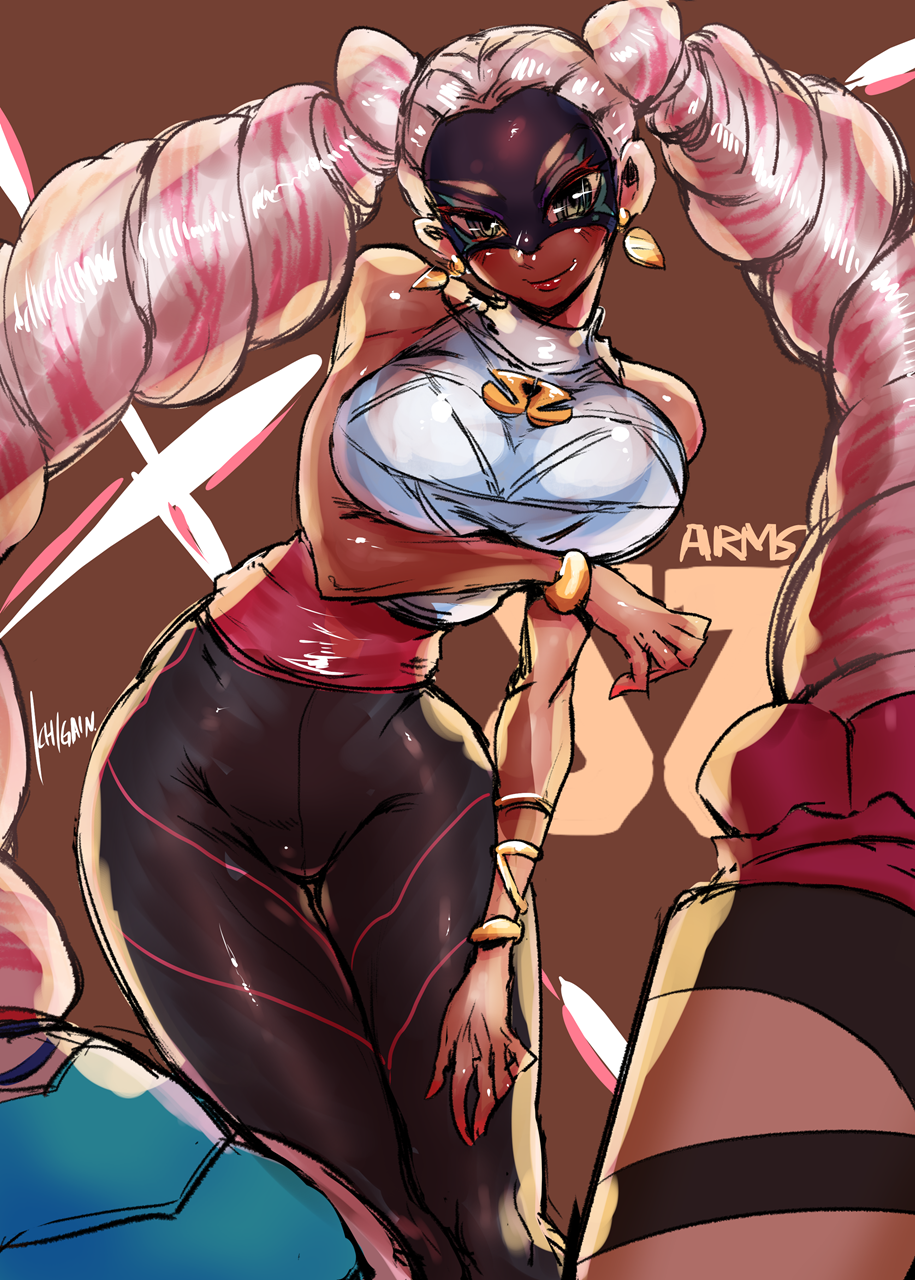 1girl, arms_(game), artist_name, ass, bare_shoulders, bracelet, breasts, brown_background