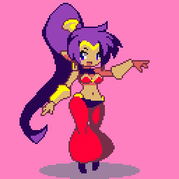 1girl, :d, animated, animated_gif, ass_shake, blue_eyes, bouncing_breasts, breasts, choker, dancing, dark_skin, earrings, full_body, hair_ornament, harem_pants, hoop_earrings, jewelry, long_hair, lowres, midriff, navel, o-ring_top, open_mouth, pants, pink_background, pixel_art, ponytail, sakuemon, shantae_(character), shantae_(series), simple_background, smile, solo, ugoira, vambraces, very_long_hair, violet_eyes
