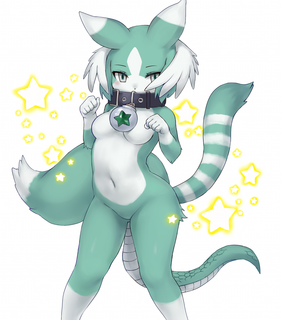 1girl, animal_ears, collar, feathers, fur_trim, furry, green_eyes, kemono_friends, kumama, navel, pure_beast_(kemono_friends), simple_background, snake_tail, solo, star, tail, white_background