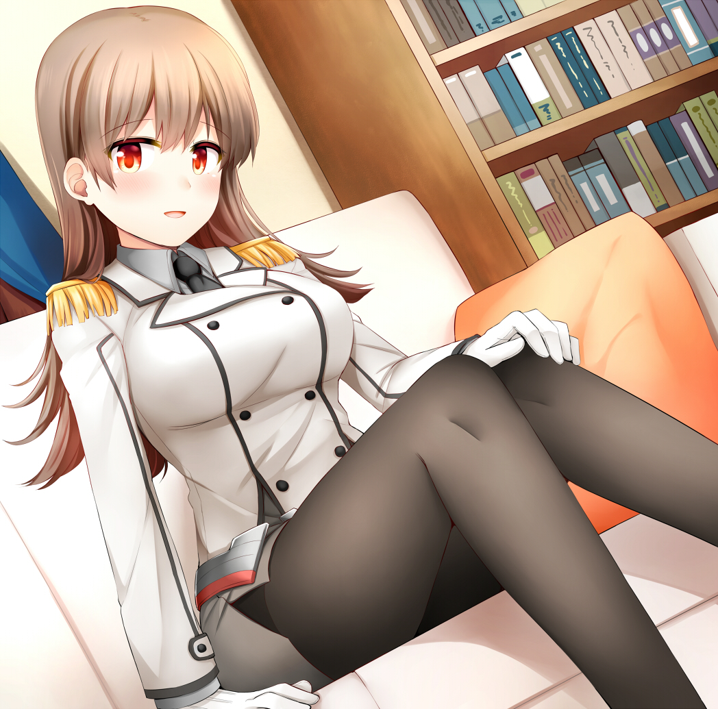 1girl, :d, black_legwear, black_necktie, book, bookshelf, brown_eyes, brown_hair