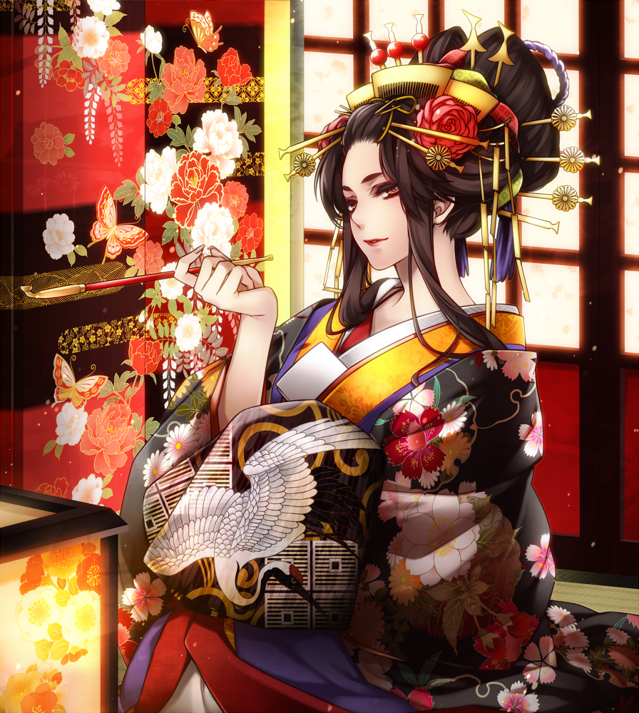 1girl, black_hair, flower, hair_flower, hair_ornament, hair_rings, hair_stick, japanese_clothes