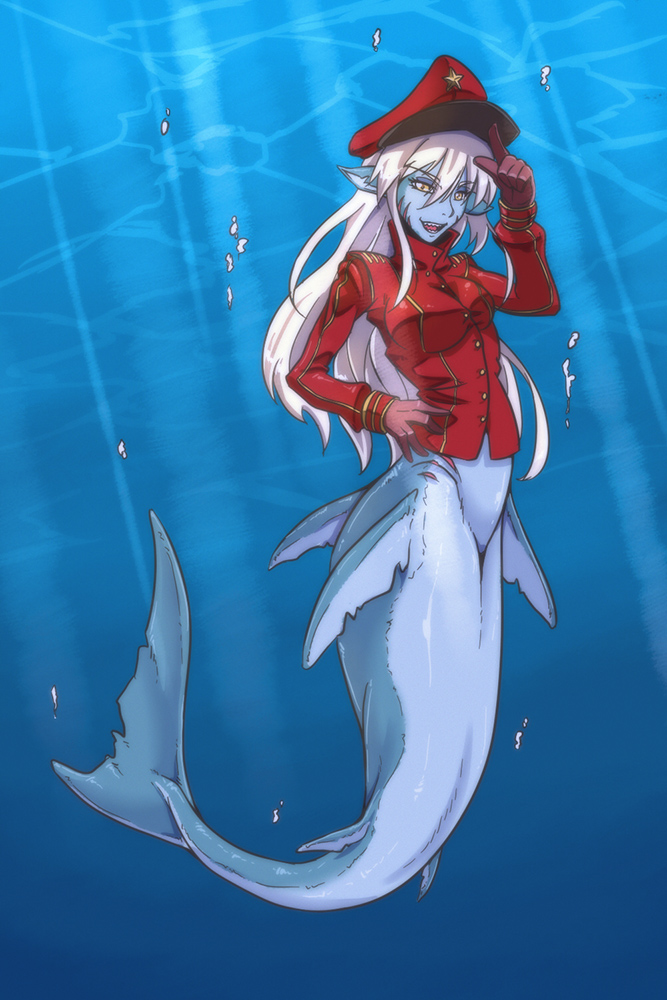1girl, blue_skin, eyebrows_visible_through_hair, gammatelier, gills, gloves, hand_on_hip, hat