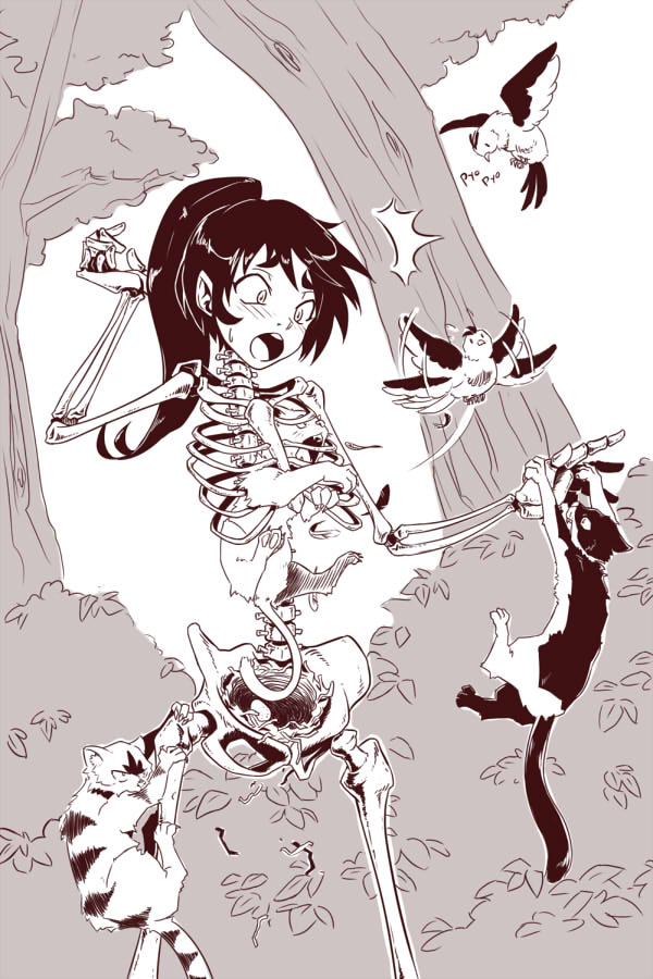 1girl, bird, bird_nest, black_hair, bone, bush, cat, climbing