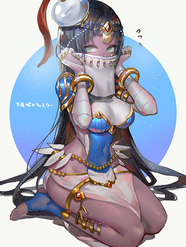 1girl, black_hair, bracelet, breasts, caster_of_the_nocturnal_castle, circlet, cleavage, danann