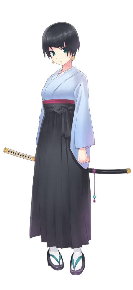 1girl, artist_request, black_hair, earrings, full_body, green_eyes, hakama, japanese_clothes