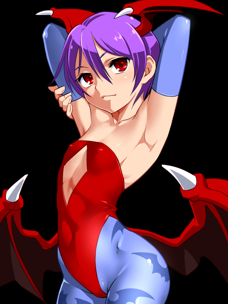 1girl, animal_print, armpits, arms_up, bare_shoulders, bat_print, bat_wings, black_background, blue_legwear, blush, bridal_gauntlets, closed_mouth, collarbone, commentary_request, covered_navel, cowboy_shot, demon_girl, erect_nipples, flat_chest, hawawani, head_wings, leotard, lilith_aensland, looking_at_viewer, pantyhose, print_legwear, purple_hair, red_leotard, shiny, shiny_hair, shiny_skin, short_hair, simple_background, smile, solo, standing, succubus, vampire_(game), wings