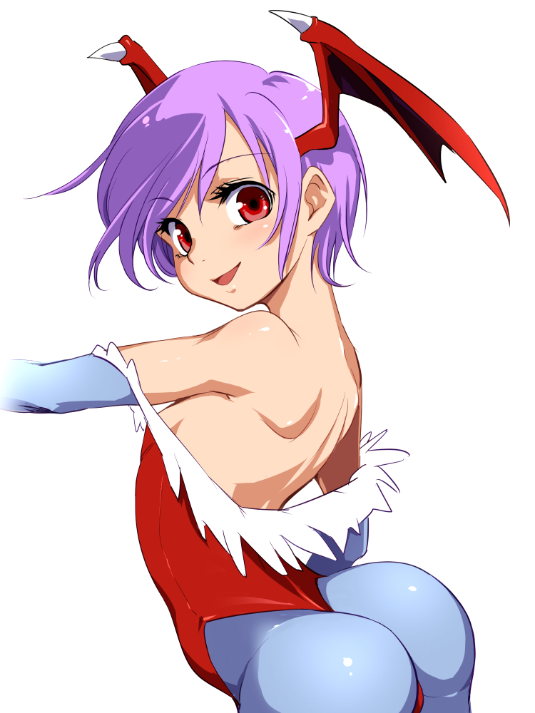 1girl, animal_print, ass, bare_shoulders, bat_print, blue_legwear, breasts, bridal_gauntlets