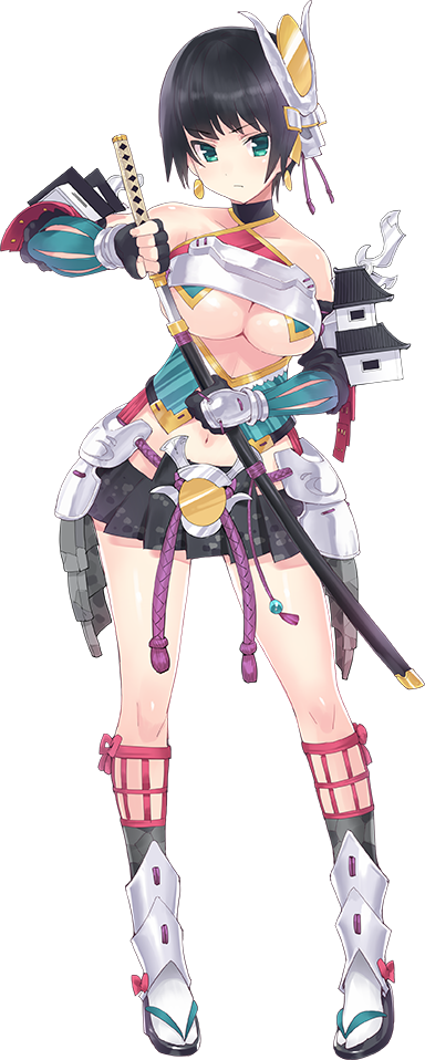 1girl, armor, artist_request, bare_shoulders, black_hair, breasts, choker, faulds