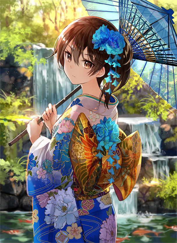 10s, 1girl, alternate_costume, blue_kimono, brown_eyes, brown_hair, cod, expressionless