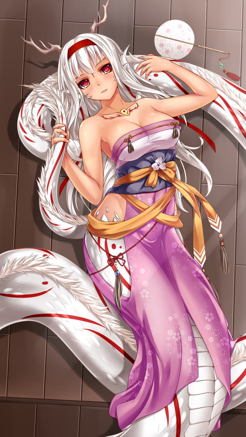 1girl, breasts, chinese_clothes, cleavage, collarbone, dragon_girl, eastern_dragon, floral_print