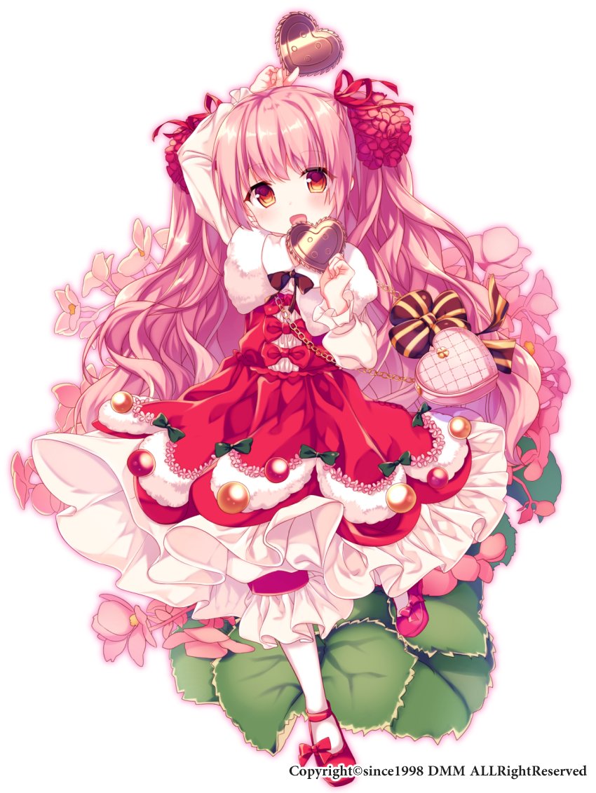 1girl, :d, blush, bow, capelet, christmas_begonia_(flower_knight_girl), commentary_request, dmm