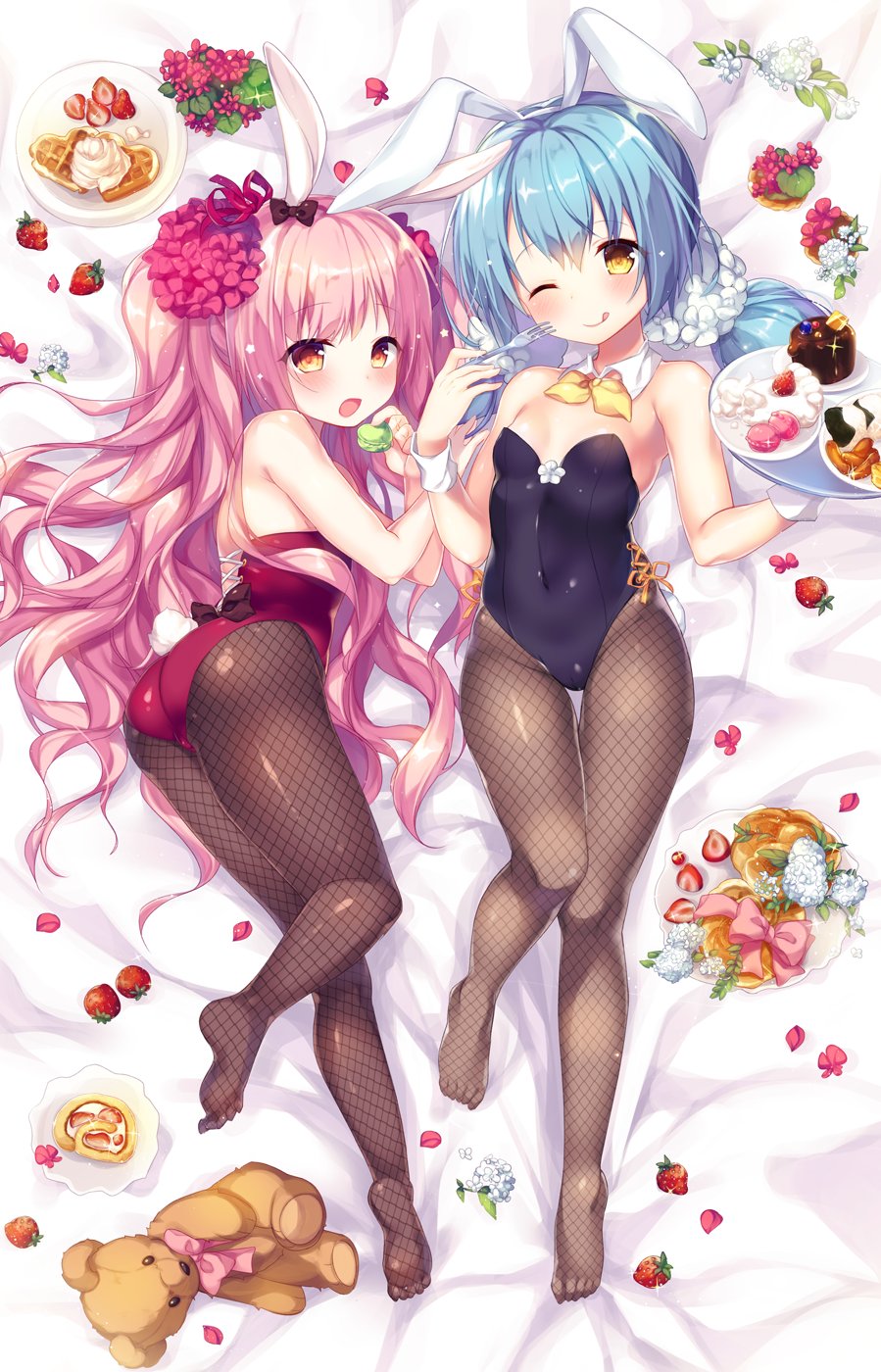 2girls, :o, ;q, alternate_costume, animal_ears, ass, blue_hair, blush