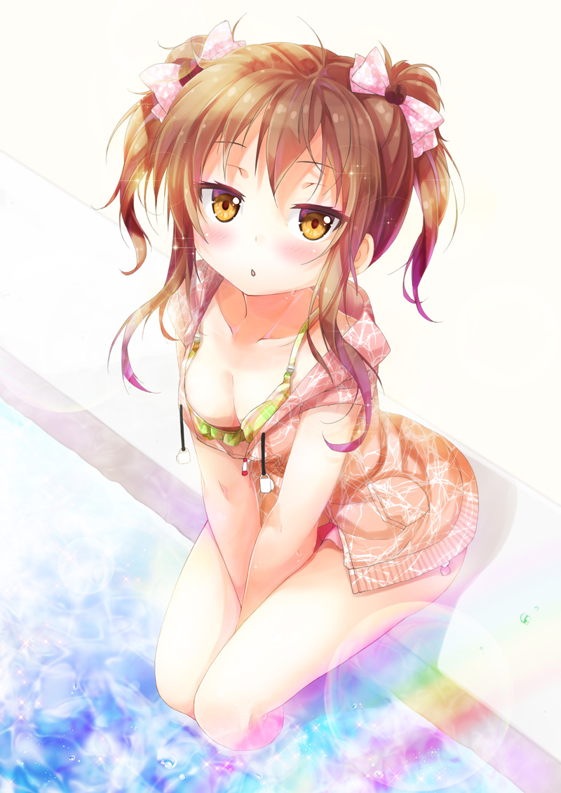 1girl, :o, bangs, between_legs, bikini, blush, bow, breasts